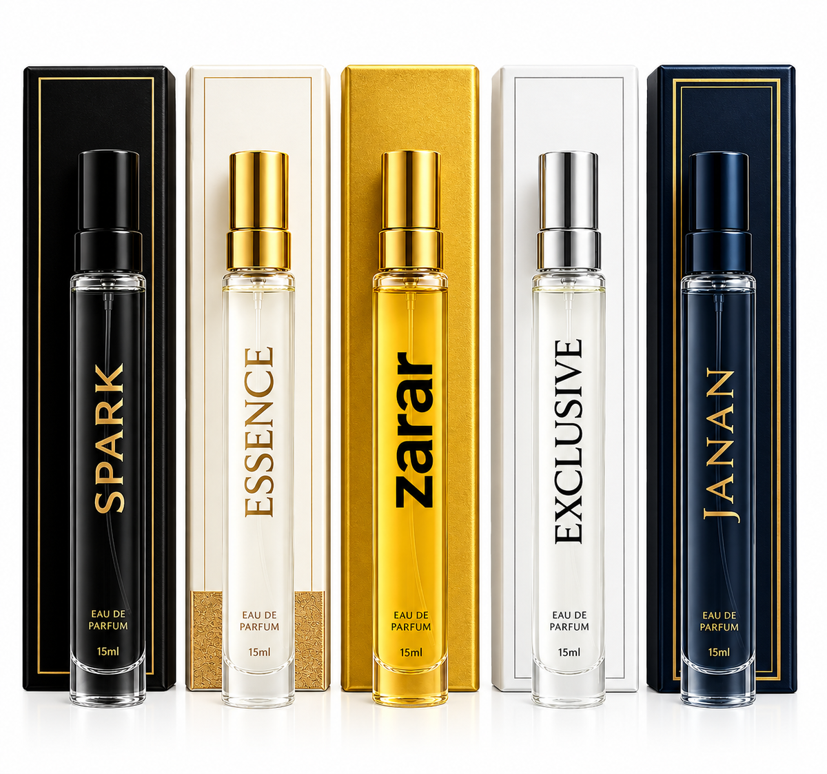 5 Perfume Tester Set for Men & Women | Spark, Essence, Zarar, Exclusive & Janan | 5×35ml Eau de Parfum