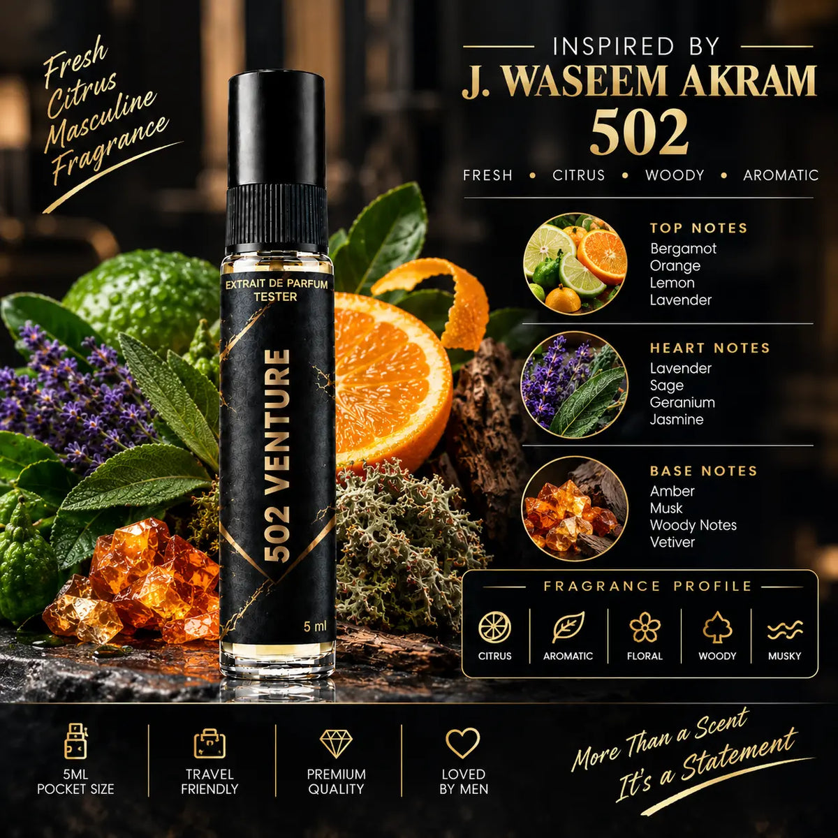 Impression of 502 Venture | 5ml Perfume Tester for Men | Fresh Citrus Woody