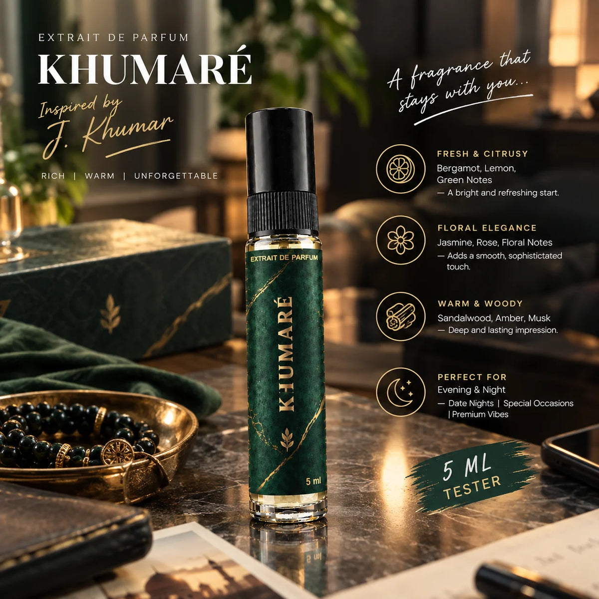 Impression of J. Khumar | 5ml Perfume Tester for Men | Warm Woody Aromatic