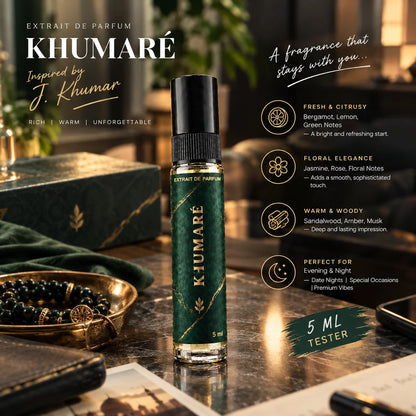 Impression of J. Khumar | 5ml Perfume Tester for Men | Warm Woody Aromatic