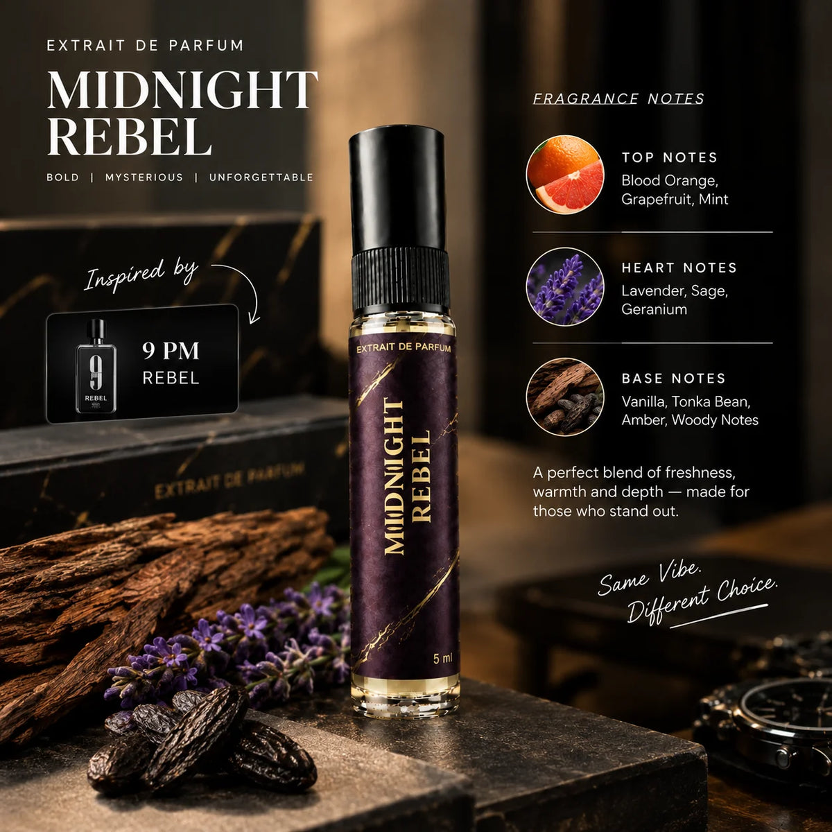 Impression of 9 PM Rebel | 5ml Perfume Tester for Men | Spicy Woody Amber