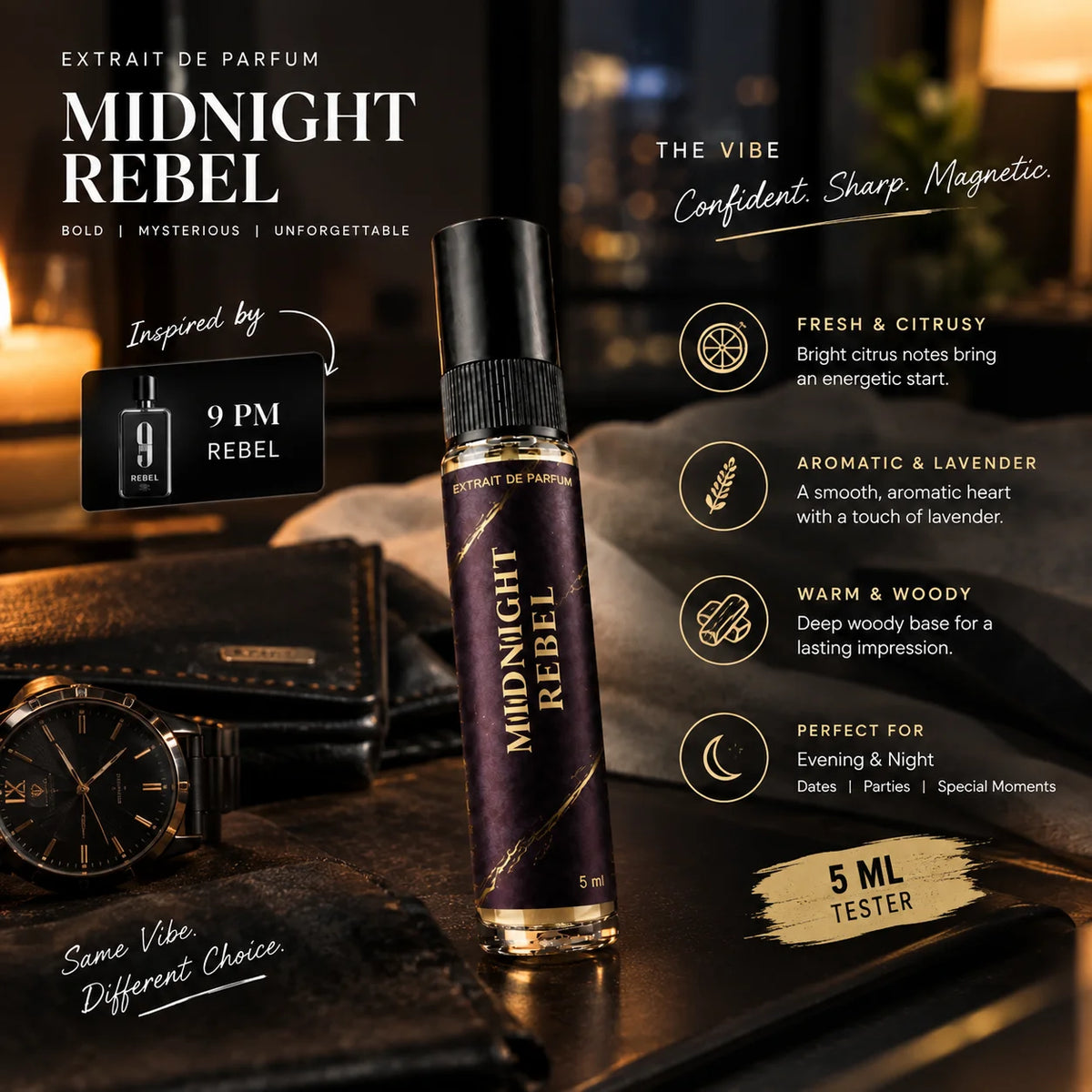 Impression of 9 PM Rebel | 5ml Perfume Tester for Men | Spicy Woody Amber