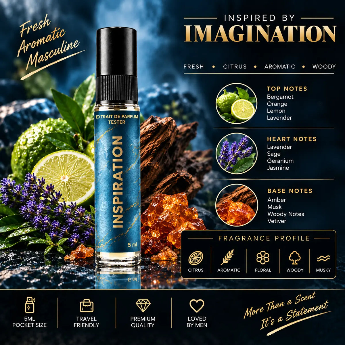 Impression of LV Imagination | 5ml Perfume Tester for Men | Fresh Citrus Aromatic Woody