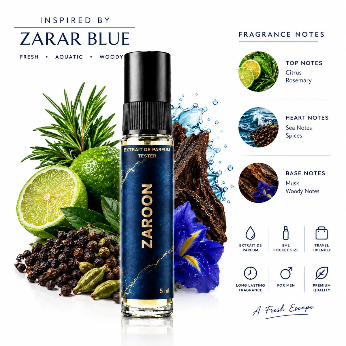 Impression of Zarar Blue | 5ml Perfume Tester for Men | Fresh Aquatic