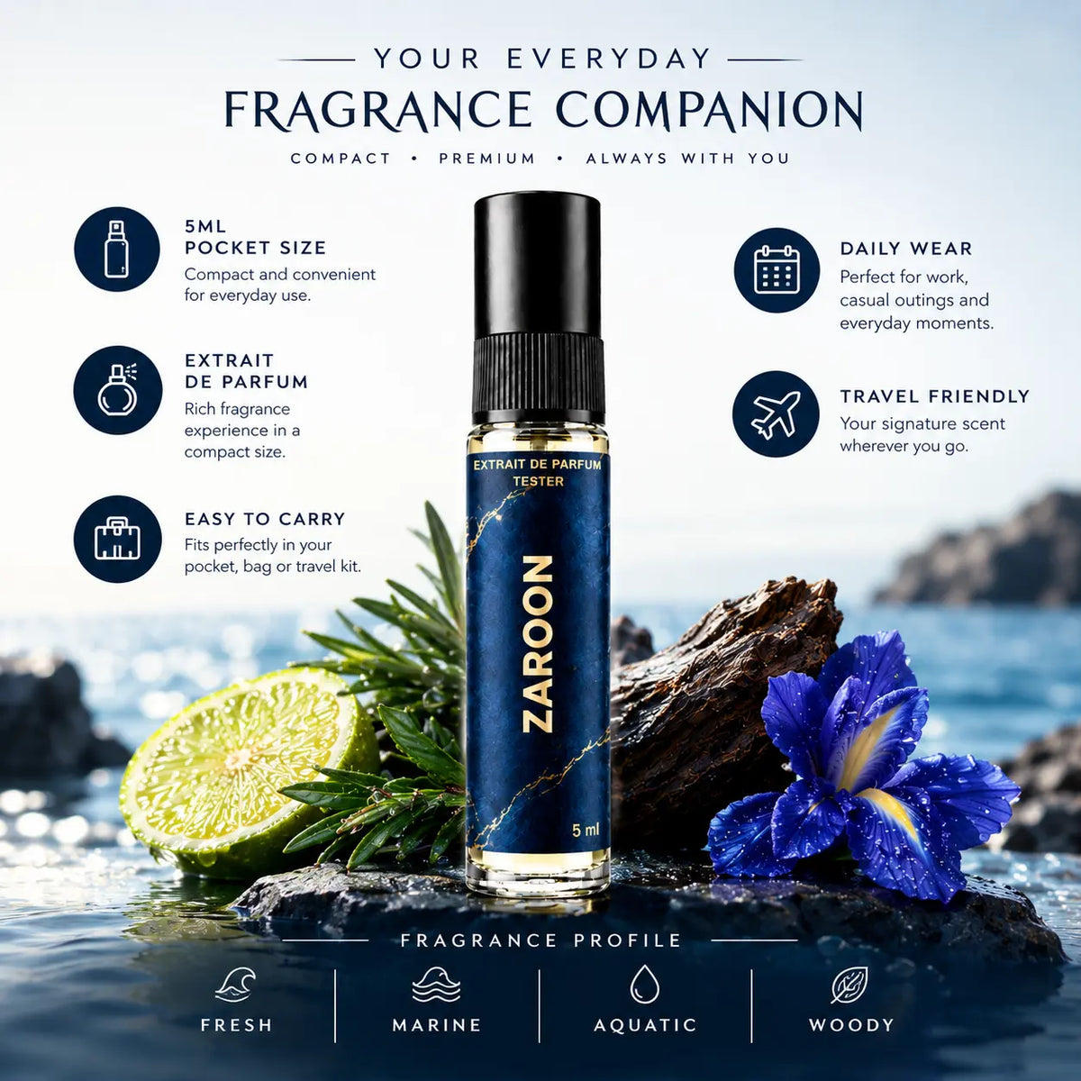 Impression of Zarar Blue | 5ml Perfume Tester for Men | Fresh Aquatic