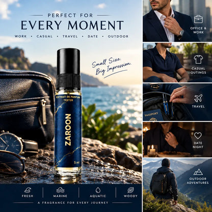 A fragrance tester bottle labeled ZAROON is shown in a collage-style marketing graphic with lifestyle photos of a man wearing a suit, sitting outdoors, and traveling. Text reads 'PERFECT FOR EVERY MOMENT' and 'Small Size.