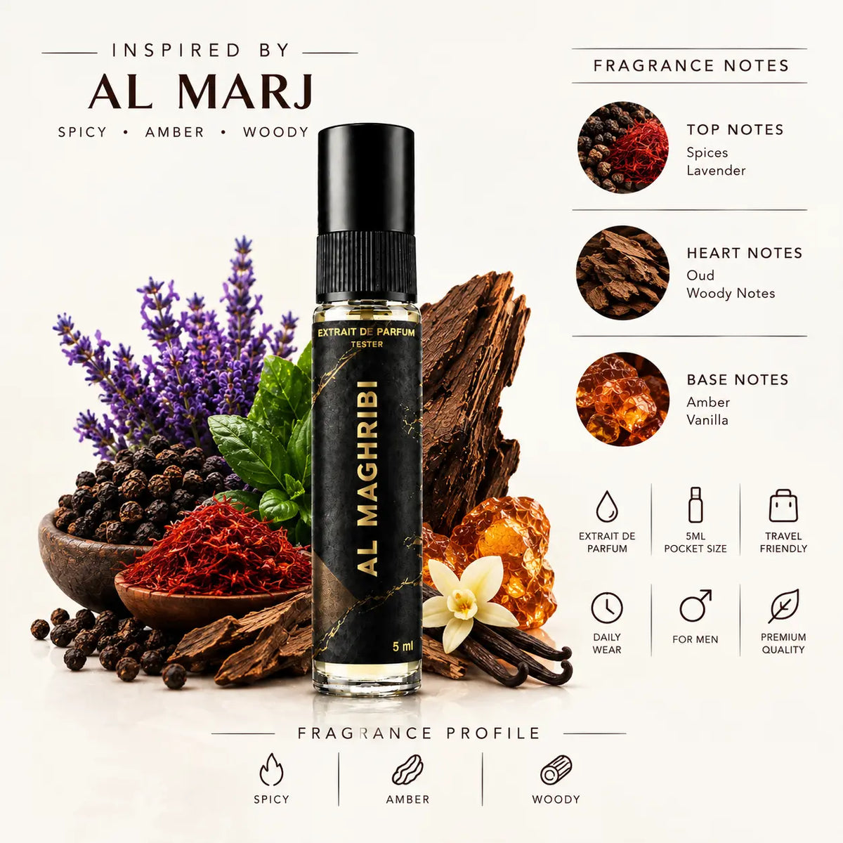 Impression of Marj | 5ml Perfume Tester for Men | Spicy Amber Woody